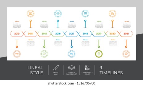 9 Year Step Timeline Infographic With Square Layout and Chart Design