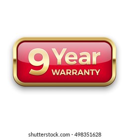 9 year warranty golden badge, vector