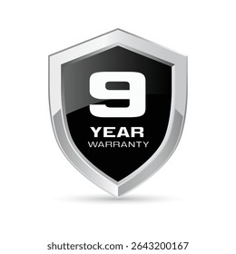 9 year warranty silver metal shield in black color vector illustration. Nine year warranty protection icon. Metallic security badge. Black glossy metal emblem.