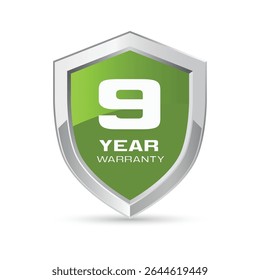 9 year warranty silver metal shield in green color. Nine year warranty shield vector illustration. Metallic security badge.