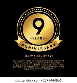 9 years anniversary banner with luxurious golden circles and halftone on a black background and replaceable text speech