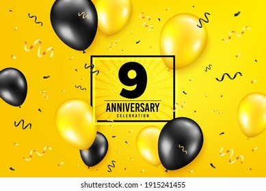 9 years anniversary. Anniversary birthday balloon confetti background. Nine years celebrating icon. Celebrate yellow banner. Birthday party balloon background. Age in a frame box. Vector