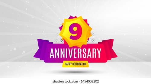 9 years anniversary. Birthday celebration party badge. Nine years celebrating icon. Anniversary event template banner. Happy celebration badge. Vector