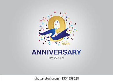 9 years anniversary blue ribbon celebration logotype. anniversary logo with golden and Spark light white color isolated on black background, vector design for celebration, invitation vector