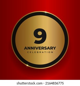 9 years anniversary celebration background. Celebrating 9th anniversary event party poster template. Vector golden circle with numbers and text on red square background. Vector illustration