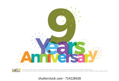 9 years anniversary celebration colorful logo with fireworks on white background. 9th anniversary logotype template design for banner, poster, card vector illustrator