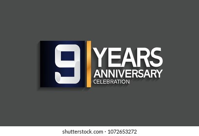 9 years anniversary celebration design with blue square and golden line isolated on gray background 