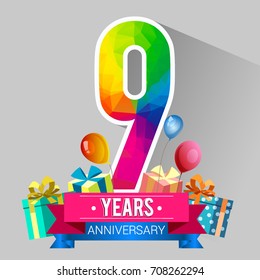 9 Years Anniversary Celebration Design, with gift box and balloons, red ribbon, Colorful polygonal logotype, Vector template elements for your birthday party.