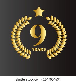 9 Years Anniversary Celebration Gold Vector Template Design Illustration
