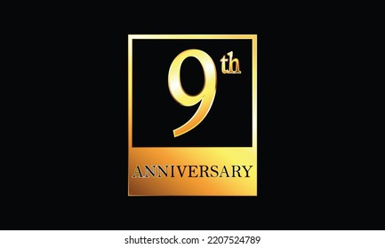 9 years anniversary celebration in golden rectangle. 9th Anniversary celebration. Gold Luxury Banner of 9th Anniversary celebration. ninth celebration. Vector anniversary