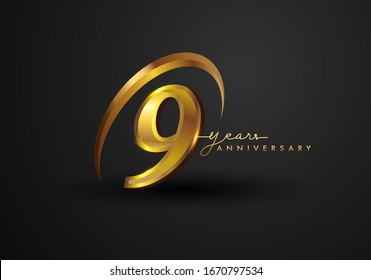 9 Years Anniversary Celebration. Anniversary logo with ring and elegance golden color isolated on black background, vector design for celebration, invitation card, and greeting card