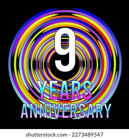 9 years anniversary, for anniversary and anniversary celebration logo, vector design colorful isolated on  black background