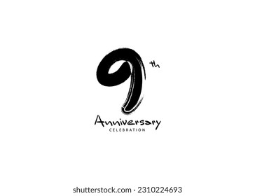9 Years Anniversary Celebration logo black paintbrush vector, 9 number logo design, 9th Birthday Logo, happy Anniversary, Vector Anniversary For Celebration, poster, Invitation Card