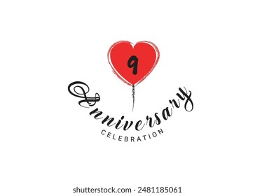 9 Years Anniversary Celebration logo with red heart vector, 9 number logo design, 9th Birthday Logo, happy Anniversary, Vector Anniversary For Celebration, poster, Invitation Card