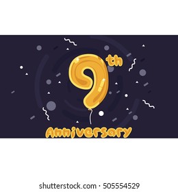 9 Years Anniversary Celebration Logo, Yellow foil balloon colored, Isolated on Dark Purple Background