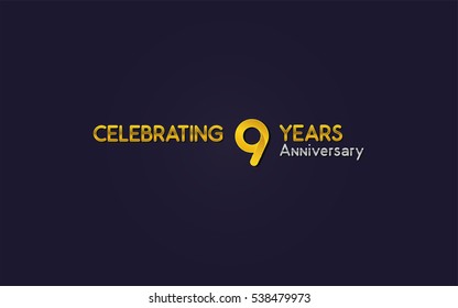 9 Years Anniversary Celebration Logo, Yellow, Isolated on Dark Purple Background