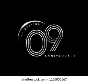 9 años de celebración logotipo con color plateado tipo número línea aislado en color negro. aniversario vectorial para celebración, tarjeta de invitación y tarjeta de saludo