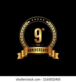 9 years anniversary celebration logotype with golden laurel and wreath, for booklet, leaflet, magazine, brochure poster, banner, web, invitation or greeting card. Vector illustrations.