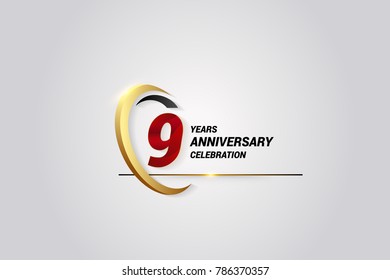 9 Years Anniversary Celebration Logotype. Red Elegant Vector Illustration with Gold Swoosh, Isolated on Black Background can be use for Celebration, Invitation, and Greeting card