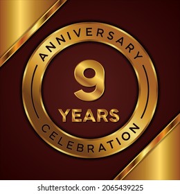 9 years anniversary celebration, vector design with gold color on brown background with a simple and luxurious design.logo vector template