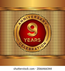 9 años de aniversario, celebración de aniversario diseño vectorial con color dorado sobre fondo de textura dorada, diseño simple y de lujo. plantilla de vector de logotipo