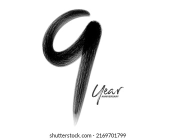 9 Years Anniversary Celebration Vector Template, 9 Years  logo design, 9th birthday, Black Lettering Numbers brush drawing hand drawn sketch, number logo design vector illustration
