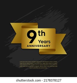 9 years Anniversary celebrations logo with ribbons. Gold color is elegant and luxurious. Logo vector template