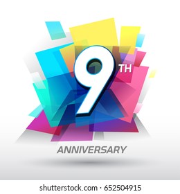 9 years Anniversary with confetti and celebration background, logo design template