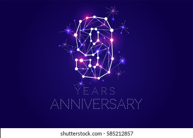 9 years Anniversary design. Abstract form with connected lines and light dots. Vector Illustration