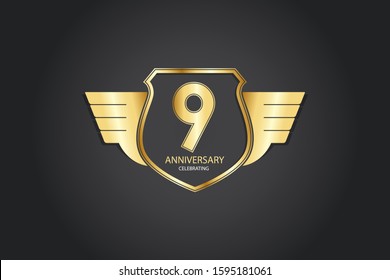 9 years anniversary design logotype 3D golden stylized modern shape winged shield on black background for celebration event
