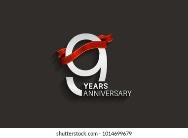 9 years anniversary design with silver color and red ribbon isolated on black background for celebration event