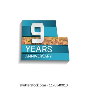 9 years anniversary design silver color with blue color background and golden leaf. for use celebration event