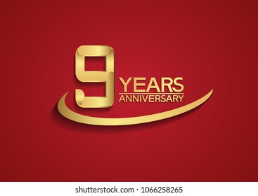 9 years anniversary design with swoosh golden color isolated on red background for celebration