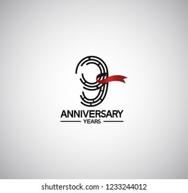 9 years anniversary flat design with labyrinth style number and red ribbon