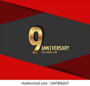 9 years Anniversary gold font with red fold on above and below font