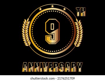 9 años de aniversario. Vector de oro con anillos para la celebración de 9 años sobre fondo negro.