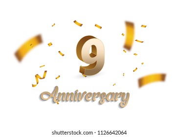 9 Years Anniversary with golden 3d number and blur confetti isolated on white background
