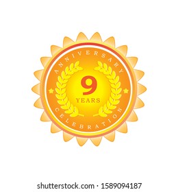 9 Years anniversary Golden badge logo. Vector illustration for your emblem design