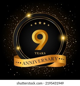 9 Years Anniversary. Golden anniversary celebration template design, Vector illustrations.