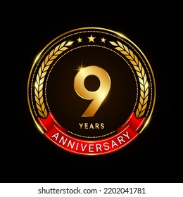 9 years anniversary, golden anniversary celebration logotype with red ribbon isolated on black background, vector illustration