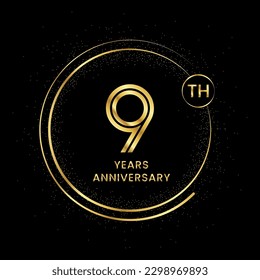 9 years anniversary with golden circle glitter and double circle line vector template