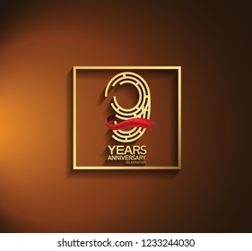 9 years anniversary golden color with square and red ribbon for celebration event