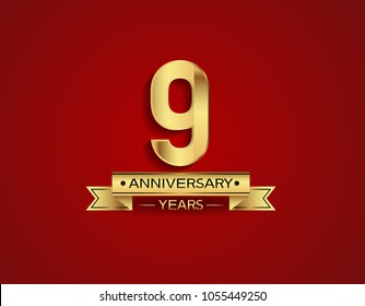 9 years anniversary golden design color with red background for celebration 