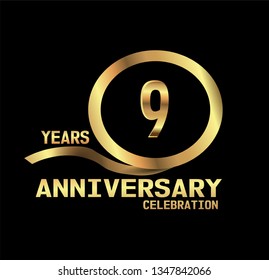 9 years Anniversary with golden font and circle with golden ribbon and black design. Simple design anniversary