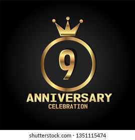 9 years Anniversary with golden font, circle and crown. Simple design with crown on top circle and number in center circle. Elegant, luxury, and simple design. My all design can see in my portofolio