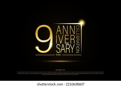 9 years anniversary golden gold logo on black background, vector design for celebration.