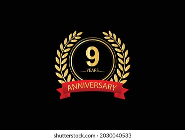 9 years anniversary golden and red color with on black background for anniversary celebration event