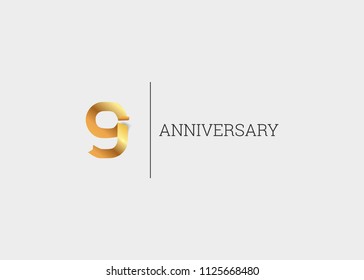 9 Years Anniversary Golden ribbon form number font. isolated on white background.  