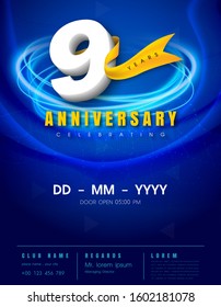 9 years anniversary invitation card - celebration template design , 9th anniversary modern design elements, dark blue background - vector illustration