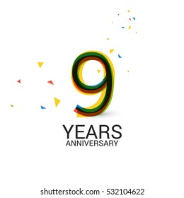 9 Years Anniversary. Layered and Colorful. Logo Celebration Isolated on White Background 